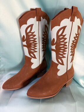 Pioneer Woman Meghan Western Cowboy Boots Teal and Brown- Sz 8.5
